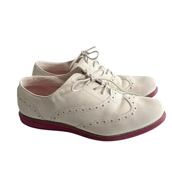 Cole Haan ZeroGrand Oxford Shoes Women 10 White Suede Pink Sole Lace Up Wingtip - Picture 9 of 12
